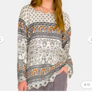 SiLK Johnny Was Heavy Twill Rio Tunic Top Delicate Lace Trim Boho Mixed Print L